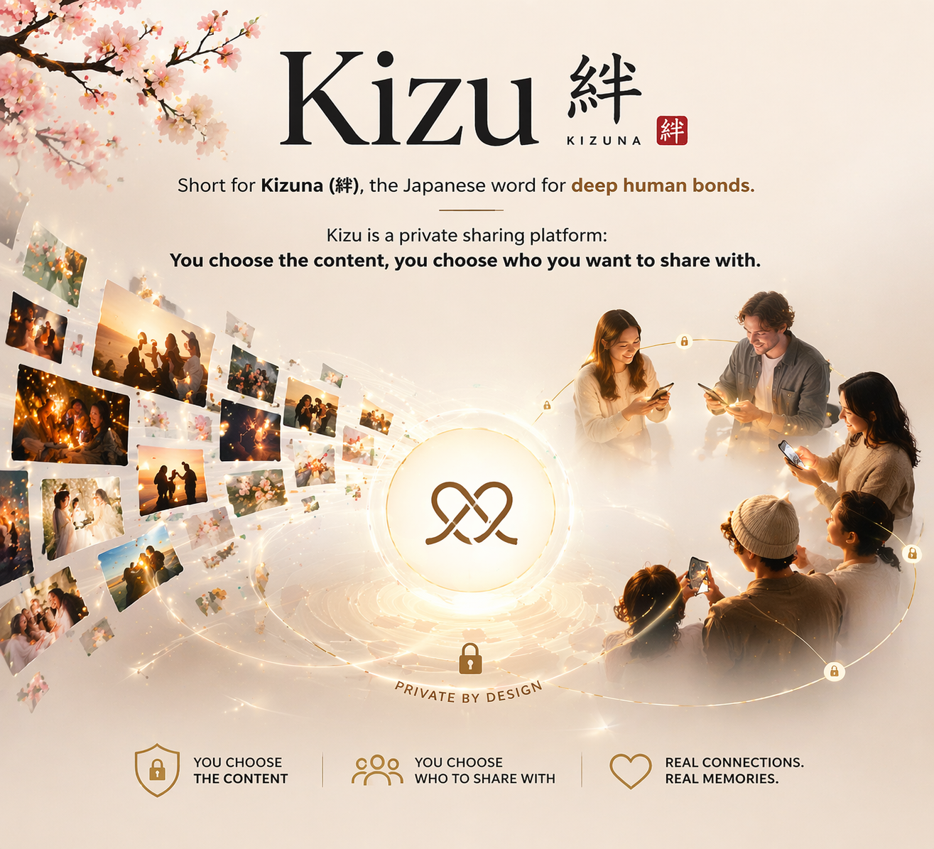 Kizu — short for Kizuna (絆), the Japanese word for deep human bonds. A private sharing platform where you choose the content and who to share with. Private by design.